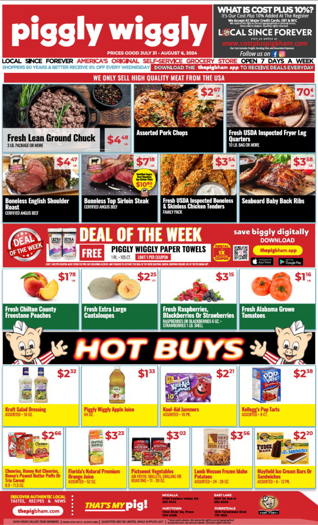 Piggly Wiggly Birmingham weekly ad for July 31 - August 6, 2024, featuring Cost Plus deals on fresh meat, produce, dairy, and hot buys.